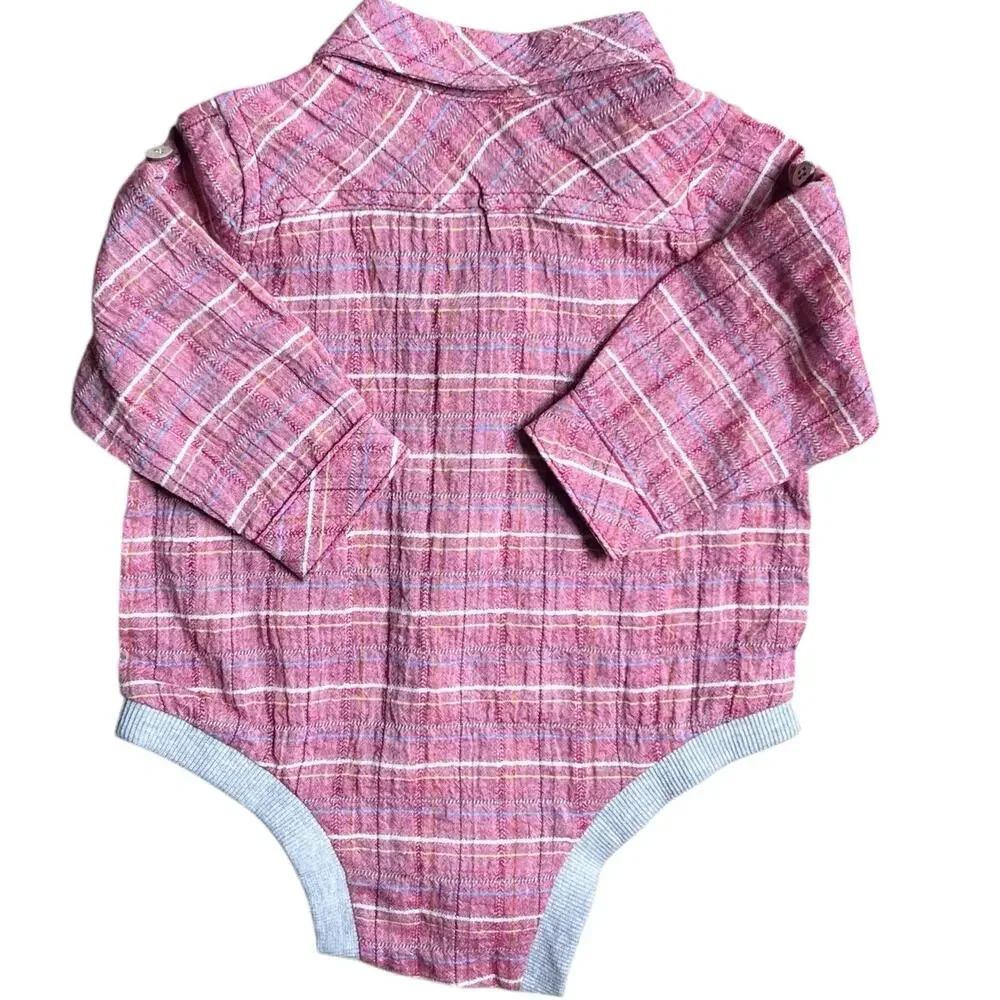 Me & Henry Infant Bodysuit Baby Boy 3-6M Red Brown Plaid Woven 3 Button Shirtzie